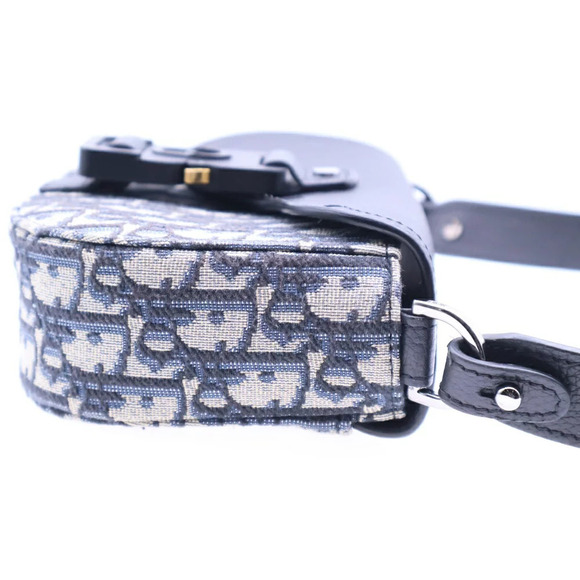 Christian Dior Saddle Shoulder Bag Oblique Navy Blue Leather Canvas